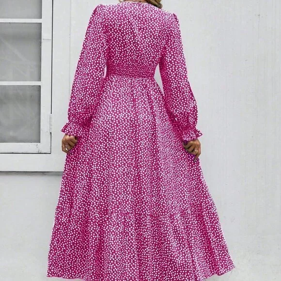 Pink Boho Womens Ditsy Floral Print Flounce Sleeve Shirred Dress - Picture 2 of 5